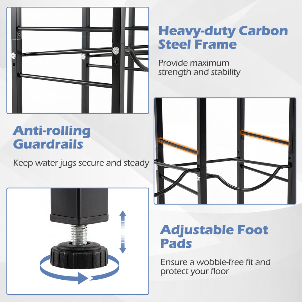 5-gallon water jug holder with heavy-duty carbon steel frame, anti-rolling guardrails, and adjustable foot pads for stability.