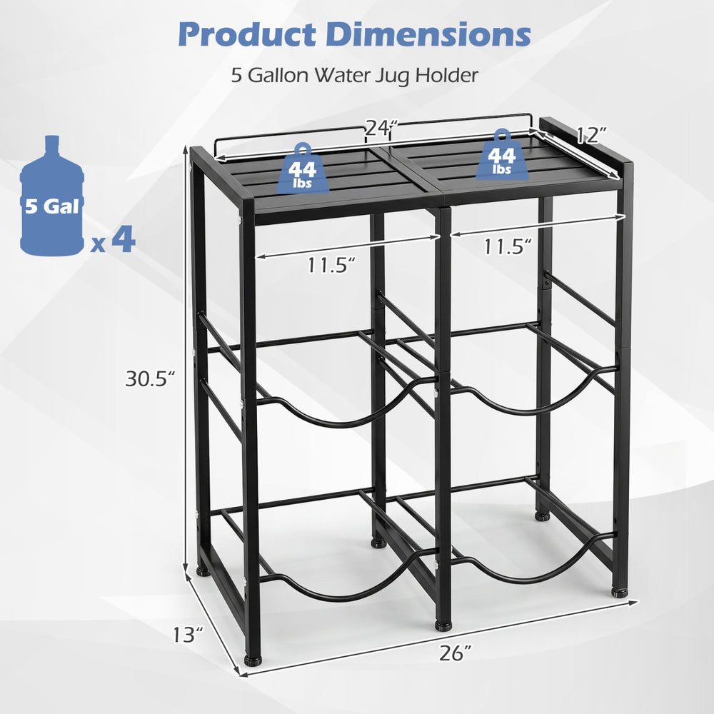 5-gallon water jug holder in black, designed to store 4 bottles with a heavy-duty carbon steel frame for home or office use.