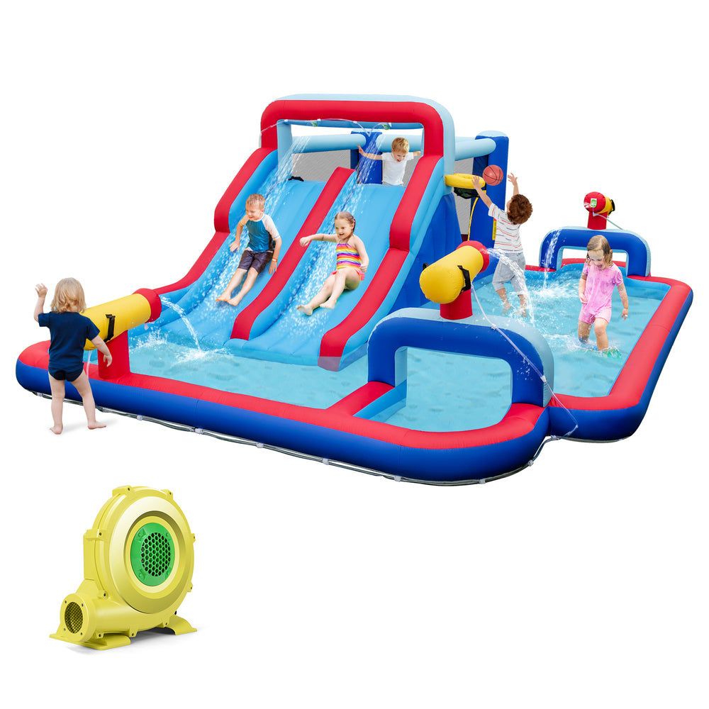 Inflatable bounce house with dual water slides, 3 water cannons, and large splash pool for outdoor fun.