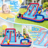 Inflatable bounce house with dual water slides, 3 water cannons, and splash pool for outdoor fun or indoor birthday.