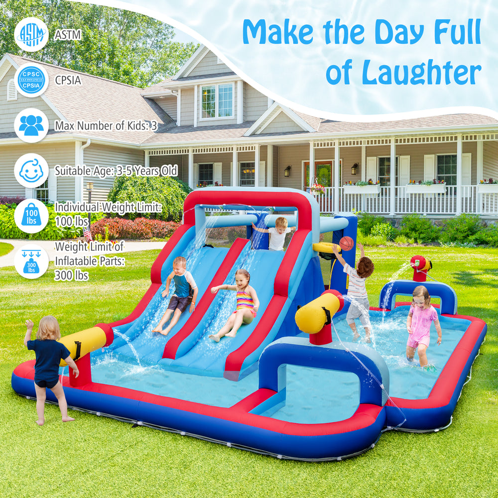 Inflatable bounce house with dual water slides, three water cannons, and a large splash pool for outdoor fun.