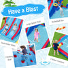 Inflatable bounce house featuring dual water slides, climbing wall, and splash pool for outdoor fun and summer.