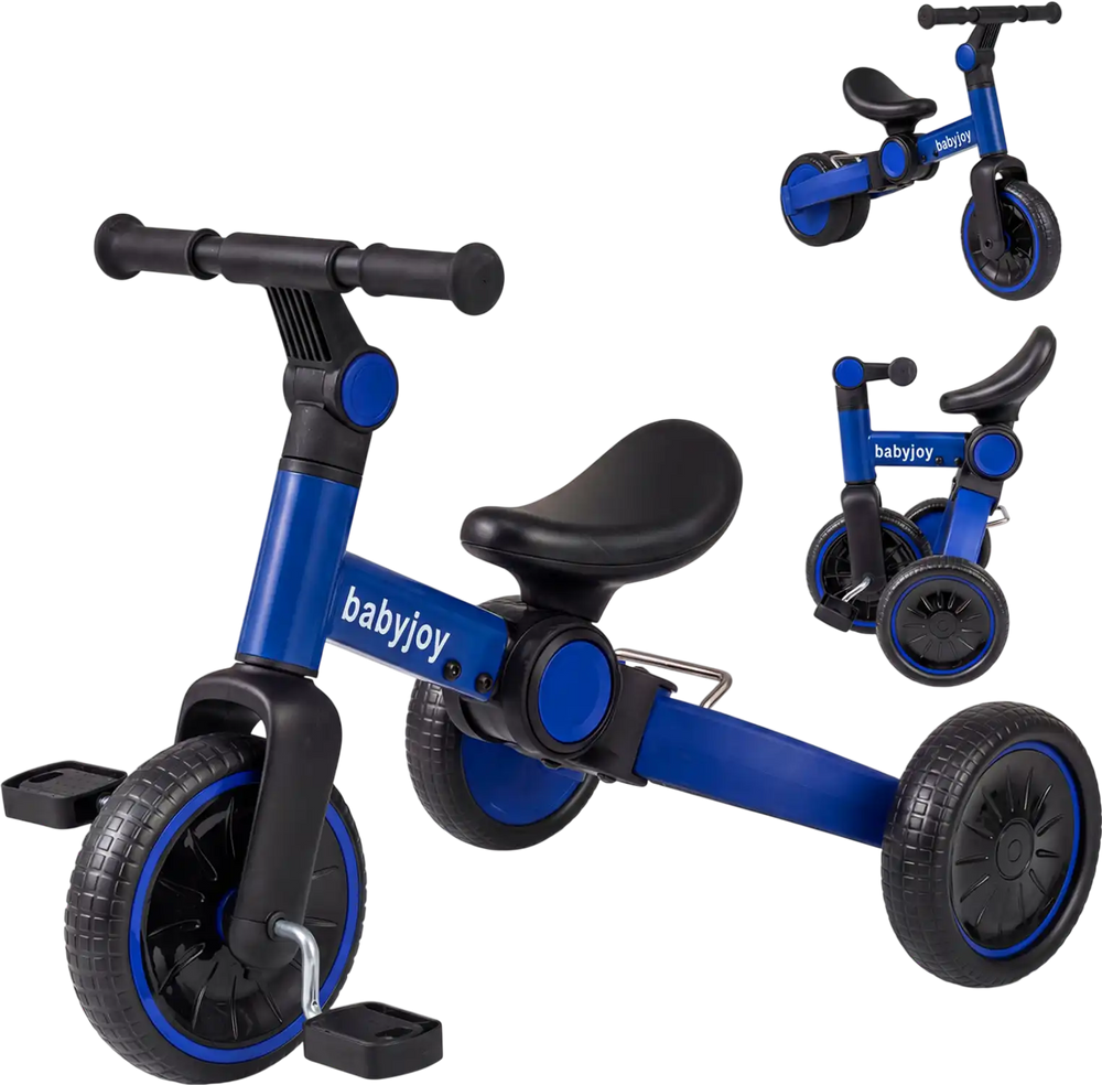Toddler balance bike in blue with removable pedals, adjustable handlebar, and wear-resistant wheels for versatile use.
