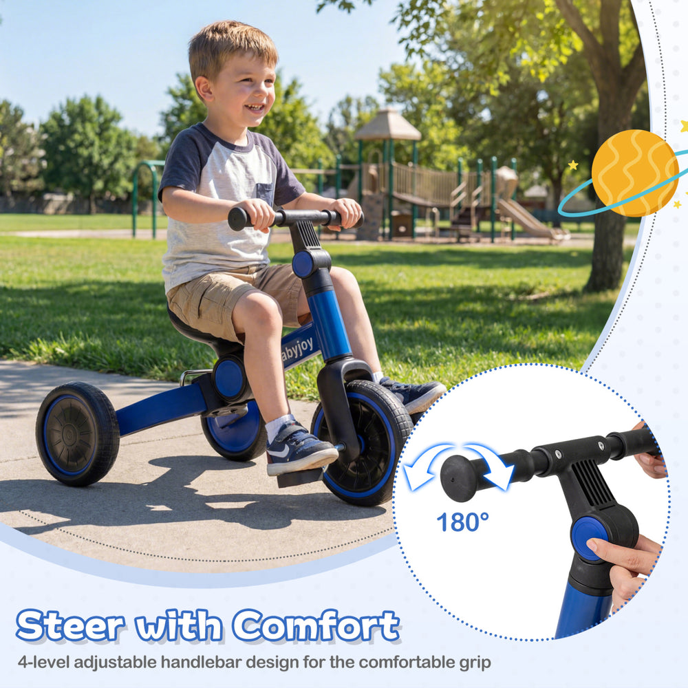 Toddler bike with adjustable handlebar, removable pedals, and sturdy carbon steel frame for safe outdoor fun.