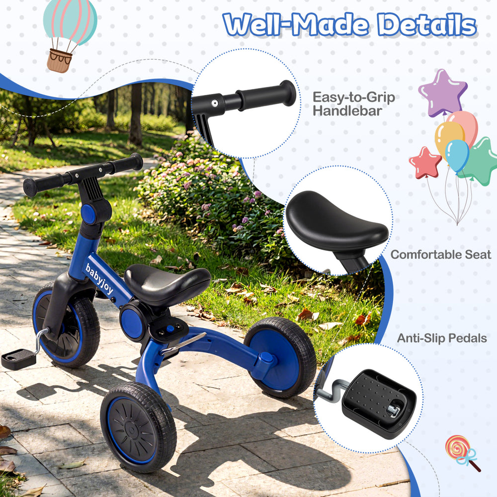 Toddler balance bike in blue with easy-to-grip handlebar, comfortable seat, and anti-slip pedals for safe riding.