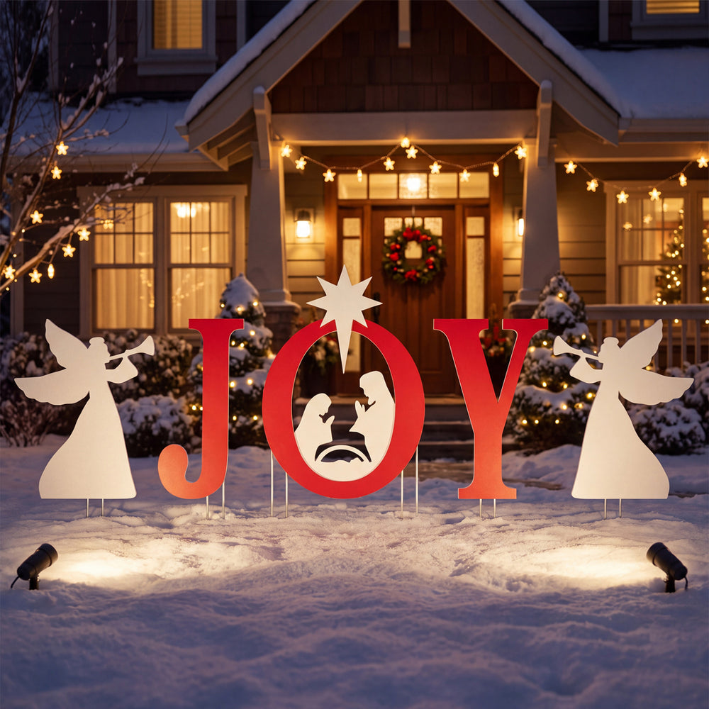 5 PCS JOY Nativity Christmas Yard Sign Set with Angels for Garden-Red - Gallery View 1 of 11