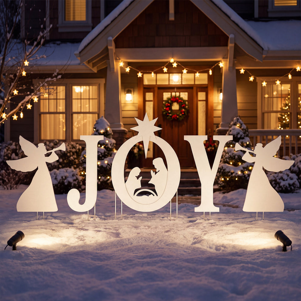 5 PCS JOY Nativity Christmas Yard Sign Set with Angels for Garden-White - Gallery View 1 of 11