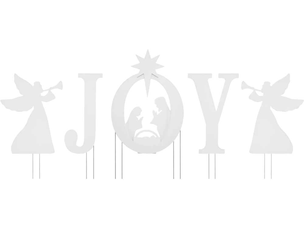 Joyful 5 PCS nativity Christmas yard sign set features angels and a Holy Family silhouette, perfect for outdoor holiday displays.