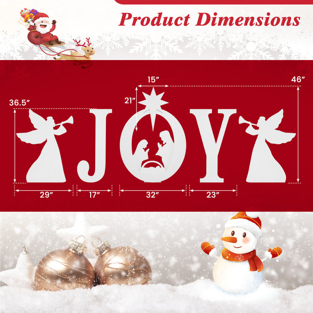 5 PCS JOY Nativity Christmas yard sign set features angels and a holy family silhouette, perfect for outdoor holiday displays.