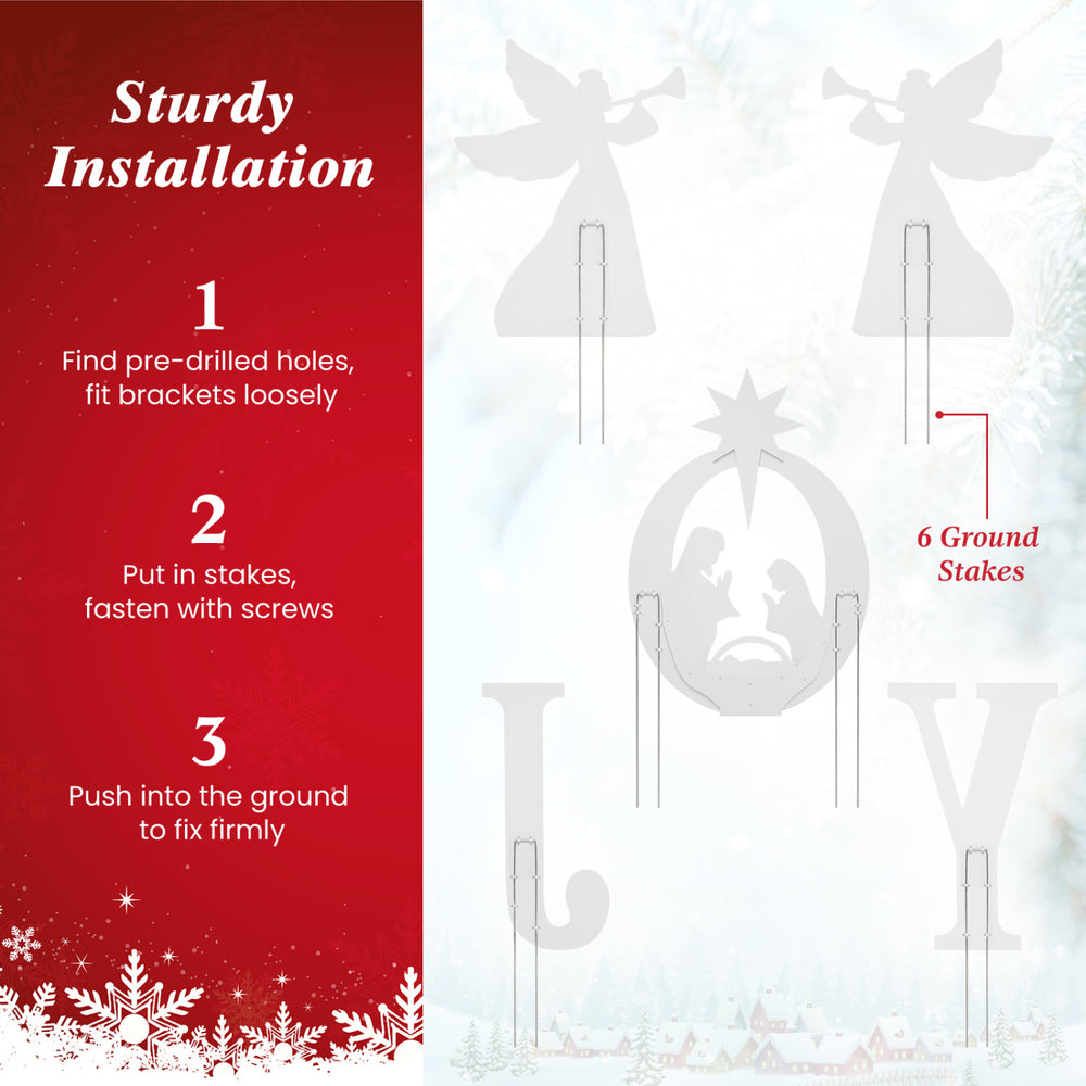 5 PCS JOY Nativity Christmas Yard Sign Set with angels features waterproof construction and includes 6 ground stakes for stability.