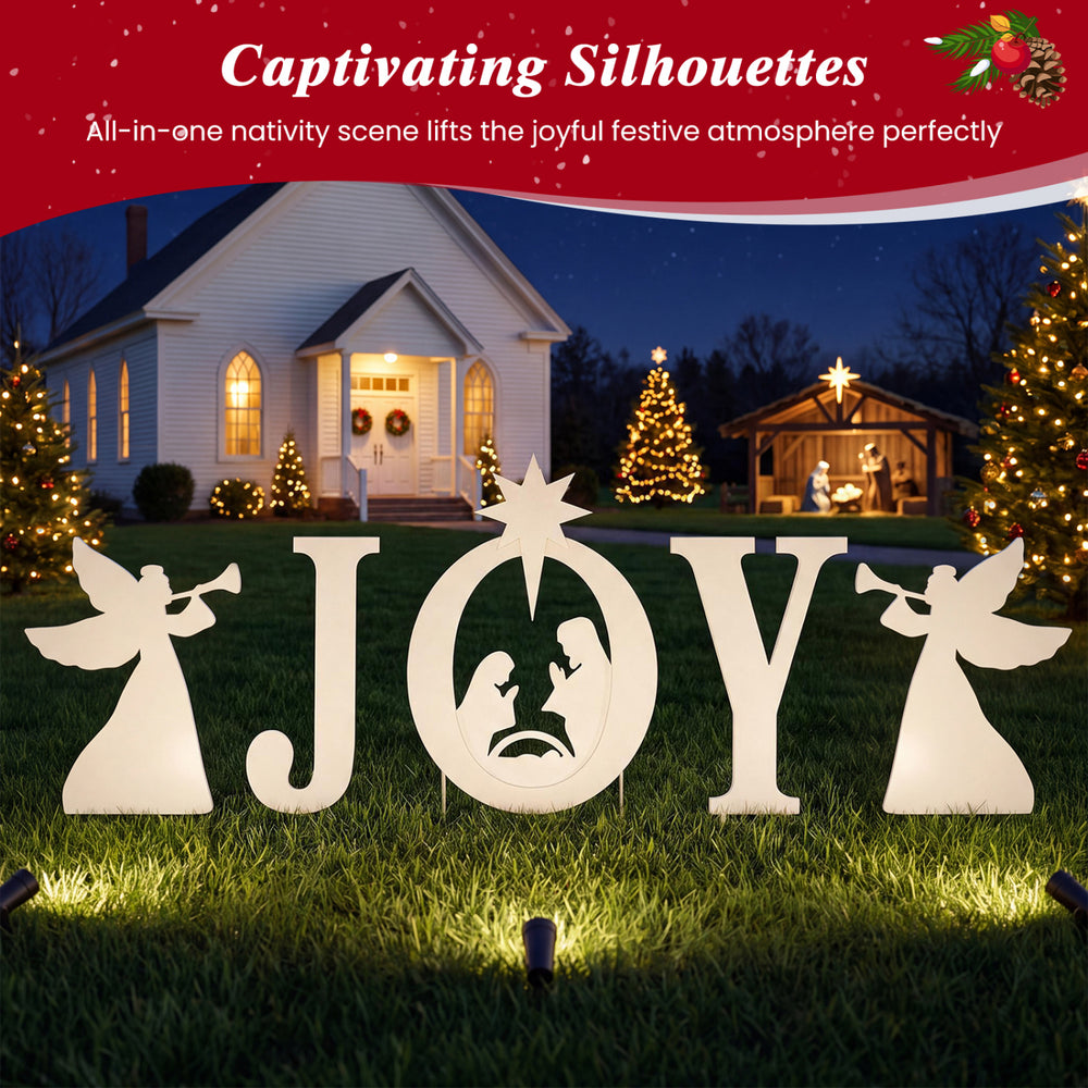 5-piece JOY nativity Christmas yard sign set with angels, featuring waterproof construction for festive outdoor displays.