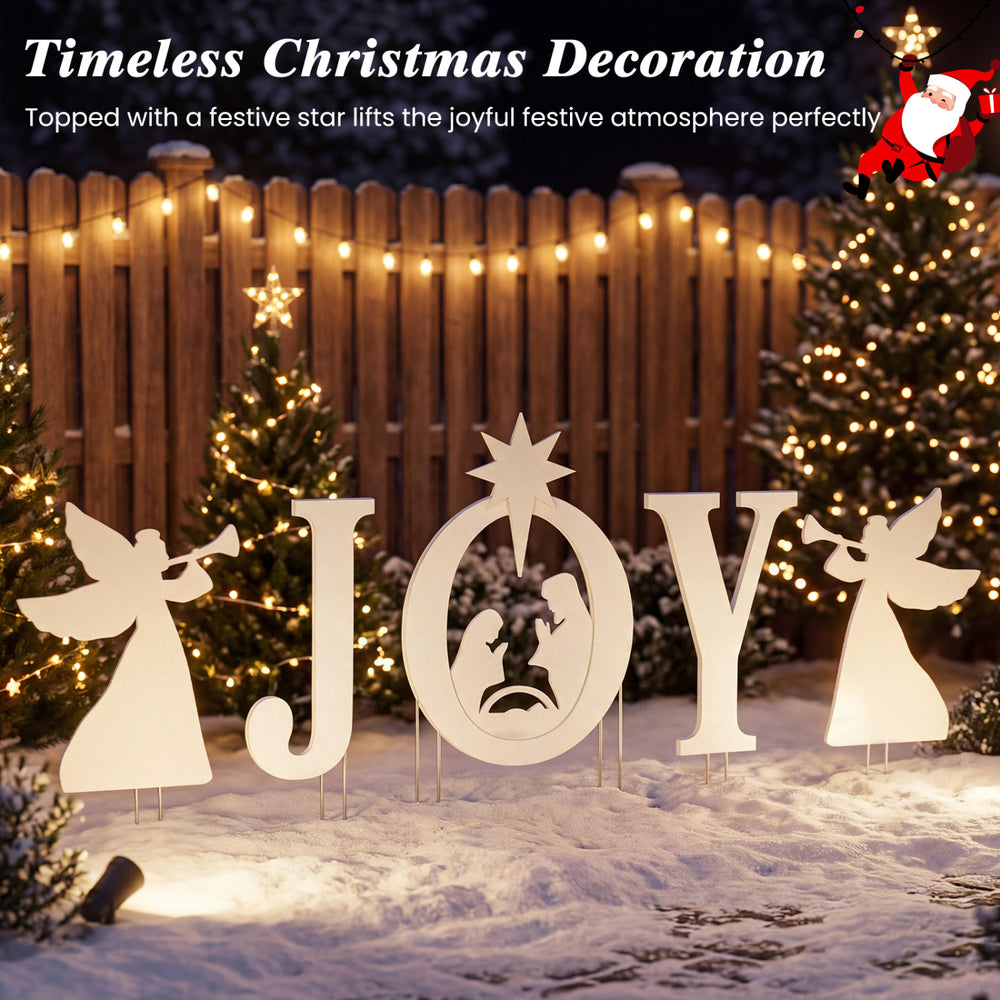 White JOY nativity Christmas yard sign set with angels and star, perfect for festive outdoor decoration in gardens.