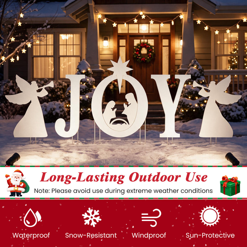 White JOY nativity Christmas yard sign set with angels, waterproof and snow-resistant for outdoor holiday displays.