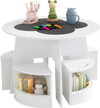 Round kids table with four storage stools, designed for activities, featuring a smooth surface and space-saving design.