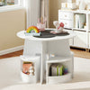 Round kids table with four storage stools in white, designed for activities and space-saving convenience.