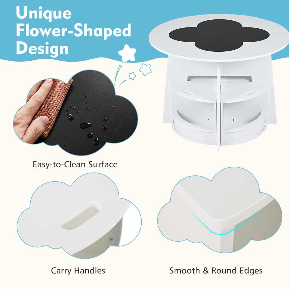 Kids table and chair set featuring a flower-shaped design, easy-to-clean surface, and built-in storage for small spaces.