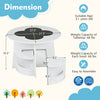 Round kids table and chair set in white with storage stools, designed for activities and small spaces, easy to assemble.