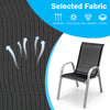 Breathable, quick-drying fabric of a stackable chair with a sturdy aluminum frame for outdoor dining comfort.