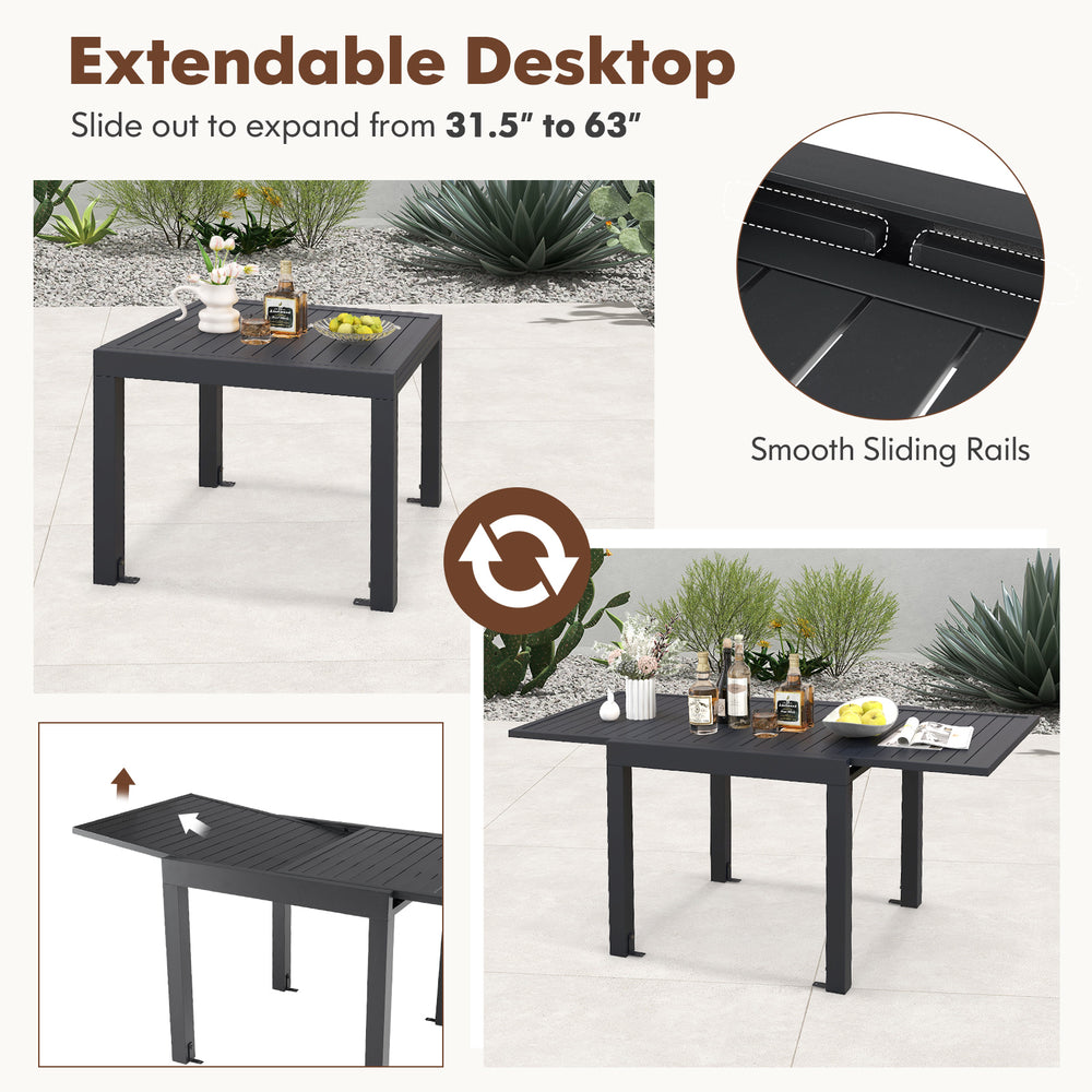 Extendable aluminum dining table shown in a side view, expands from 31.5” to 63”, ideal for outdoor meals.