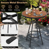 Round bar table with wood-grained DPC top and sturdy metal legs, featuring a 1.6" umbrella hole for outdoor use.