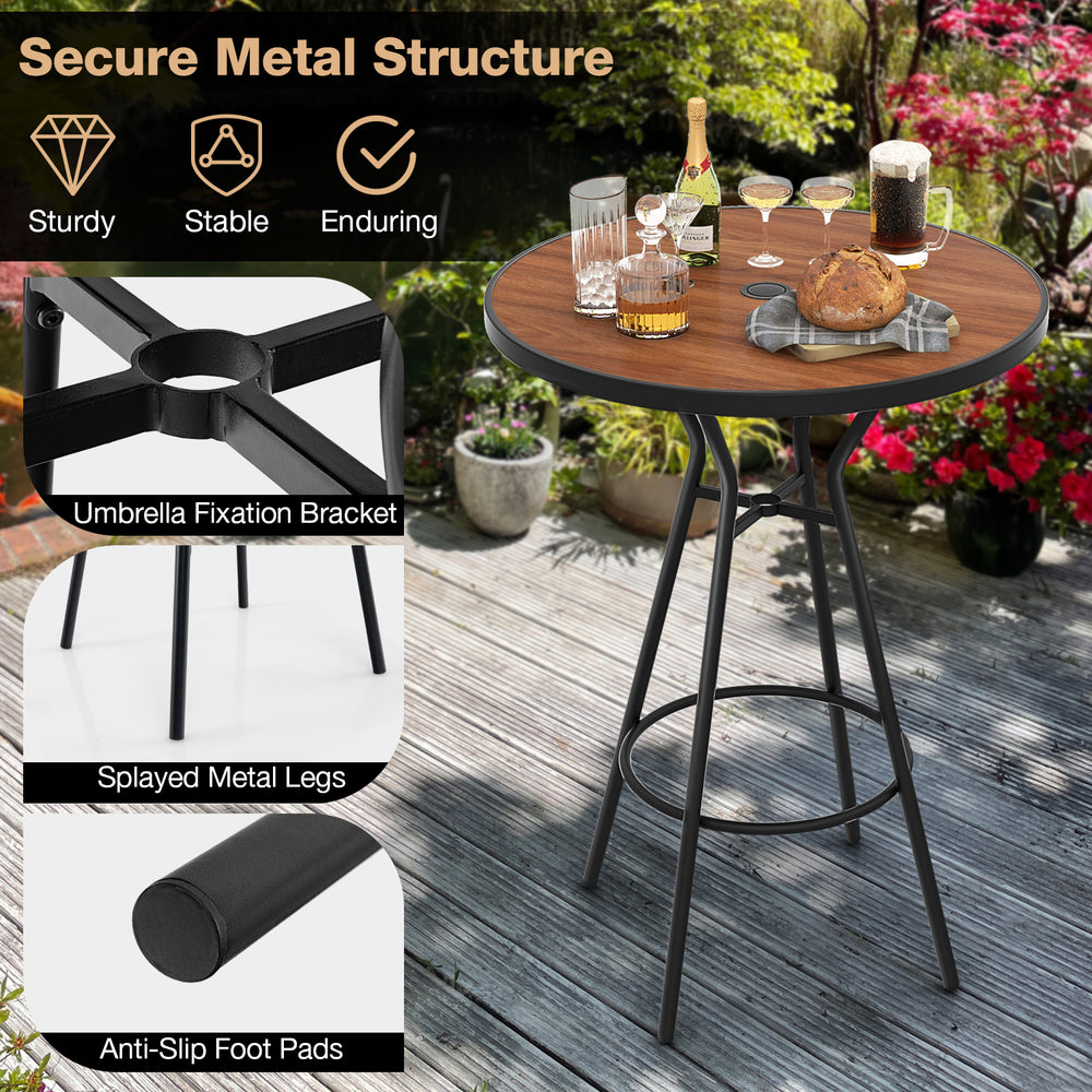 Round bar table with wood-grained DPC top and sturdy metal legs, featuring a 1.6" umbrella hole for outdoor use.