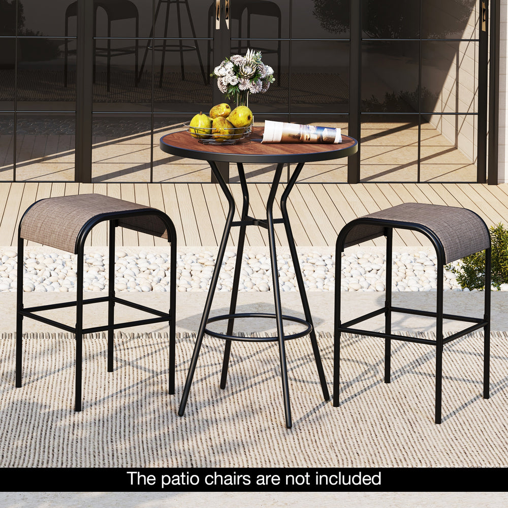 Bar height table with wood-grained DPC top and metal frame, ideal for outdoor dining in gardens or patios.