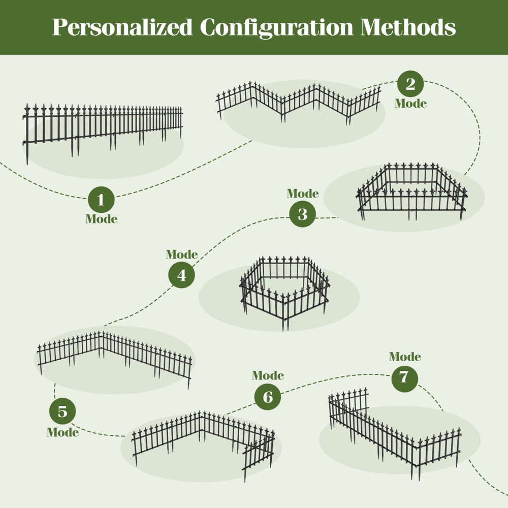 Decorative metal garden fence in various configurations, featuring fleur-de-lis finials for elegant landscaping.