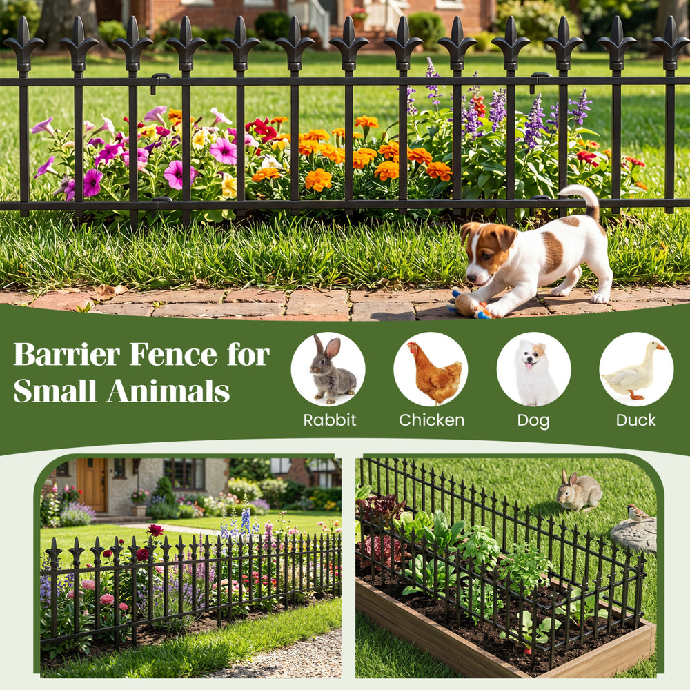 Decorative metal garden fence with fleur-de-lis finials, ideal for protecting plants from small animals in various.