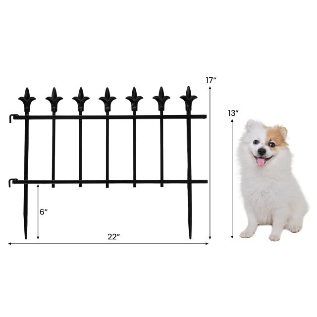 Decorative metal garden fence with fleur-de-lis finials, 22" wide, ideal for protecting plants and creating boundaries.