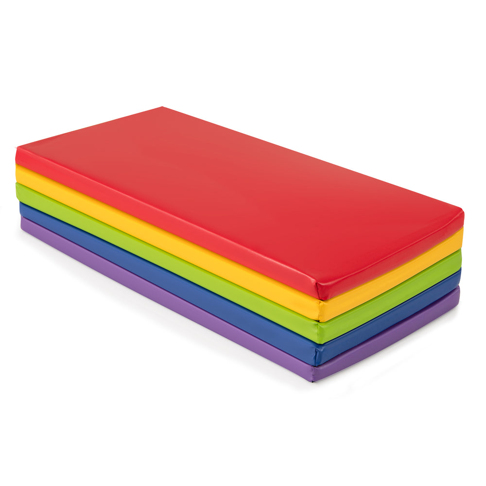 Stackable 5 pack of 2-inch thick rainbow nap mats in red, yellow, green, blue, and purple for toddlers, easy to clean.