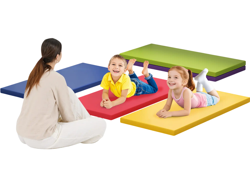Colorful 5 pack of 2-inch toddler nap mats in red, yellow, blue, and green, perfect for school and daycare use.