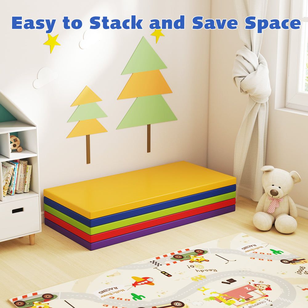 Colorful stackable nap mats in red, yellow, blue, green, and purple, perfect for toddlers at school or home.