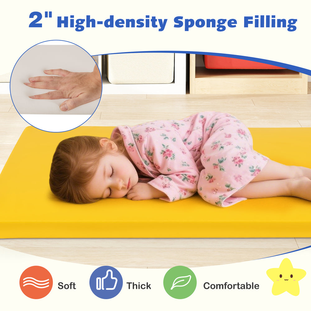 Toddler nap mat in yellow with 2" high-density sponge filling, ideal for school, daycare, and home use.