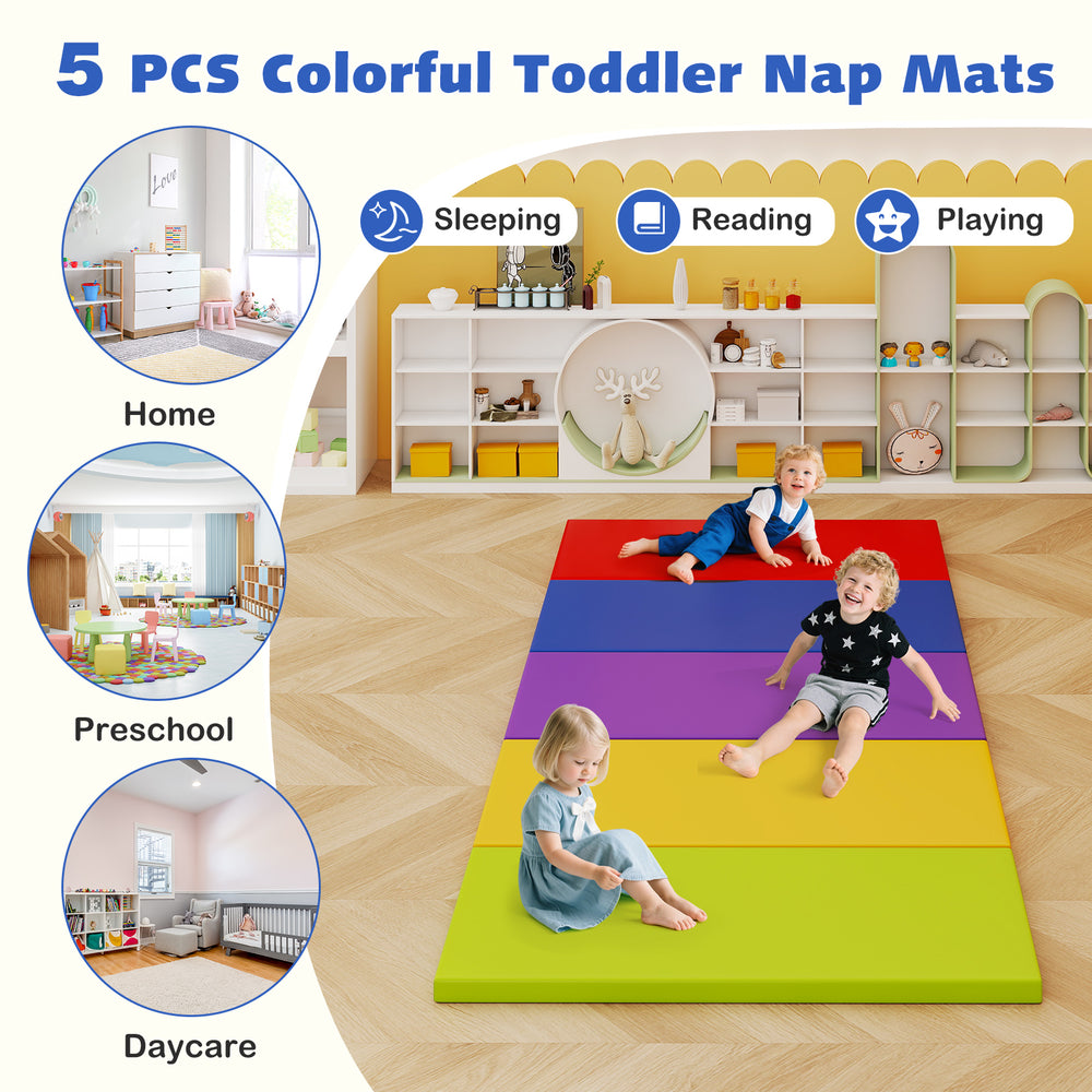 Colorful 5 pack toddler nap mats in red, yellow, blue, green, and purple, ideal for daycare, home, and travel.