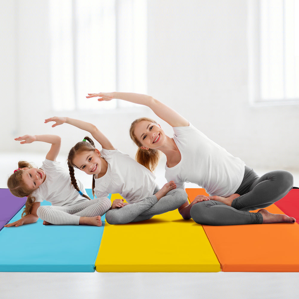 Colorful 5-panel folding gymnastics mat for kids, featuring thick EPE foam, ideal for yoga and stretching activities.