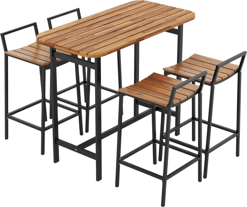 5 Piece Acacia Wood Bar Table Set Bar Height Table and Chairs with Metal Frame and Footrest