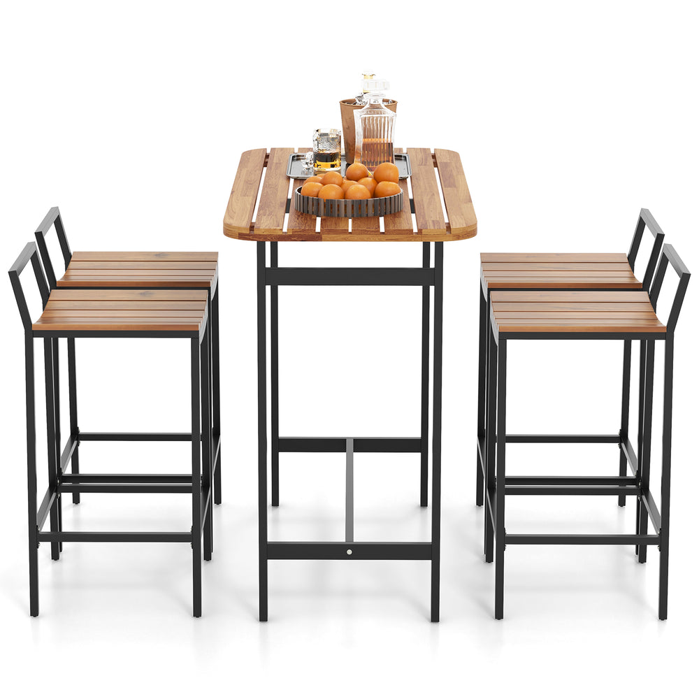 Acacia wood bar table set with metal frame and footrest, perfect for outdoor gatherings and indoor use.