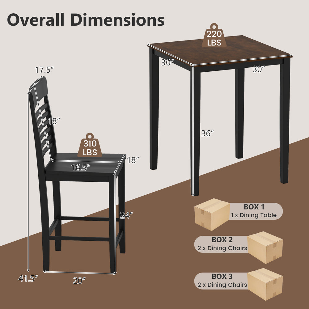 Counter-height dining table set with rubber wood frame, featuring a table and four ergonomic chairs for small spaces.