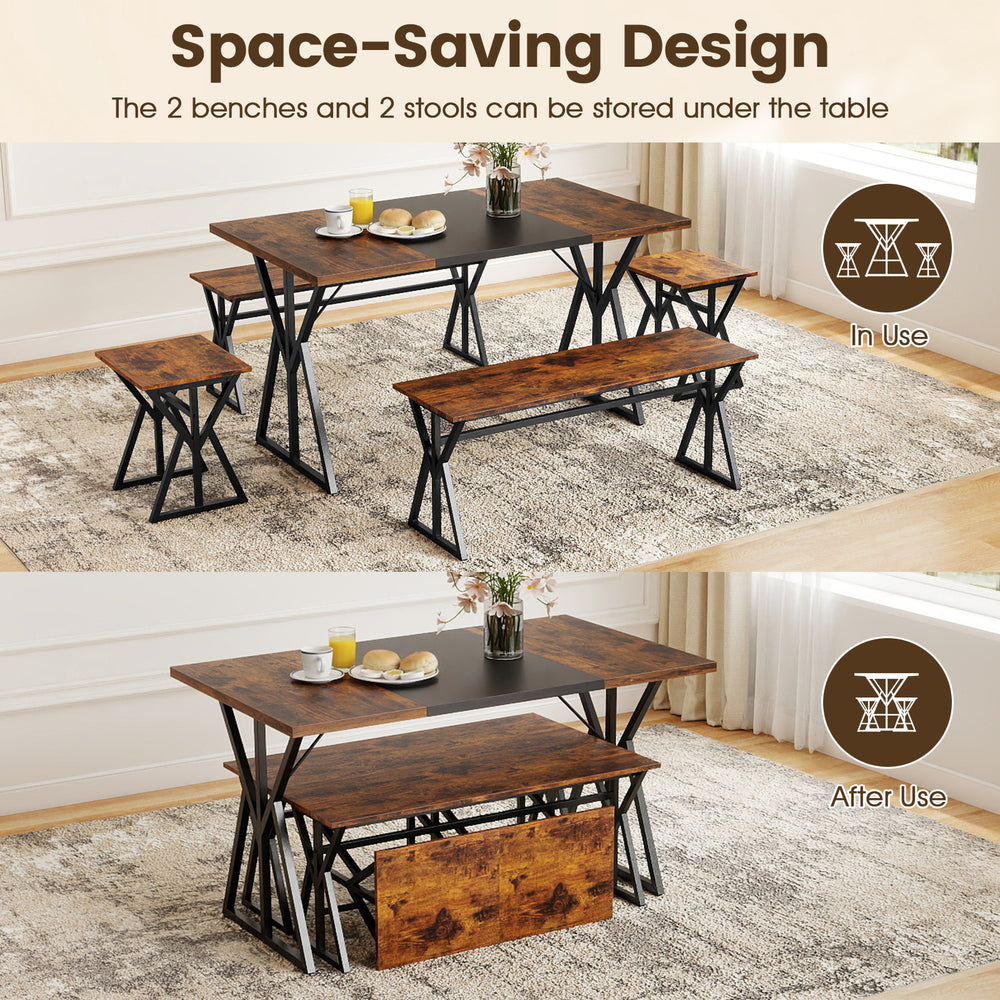 5-piece industrial dining room set featuring a rustic brown table with 2 benches and 2 stools, ideal for small spaces.