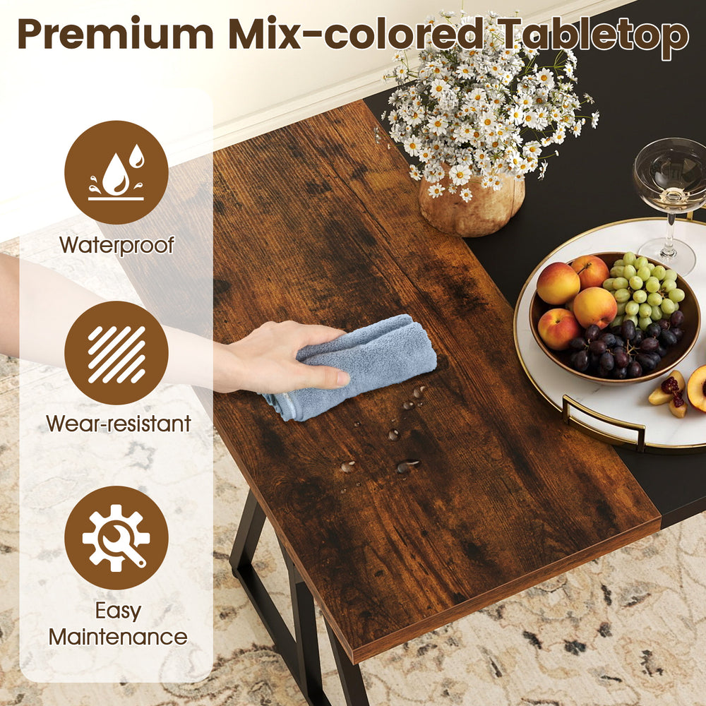 Close-up of the rustic brown veneered MDF tabletop, showcasing its waterproof and wear-resistant features for easy.