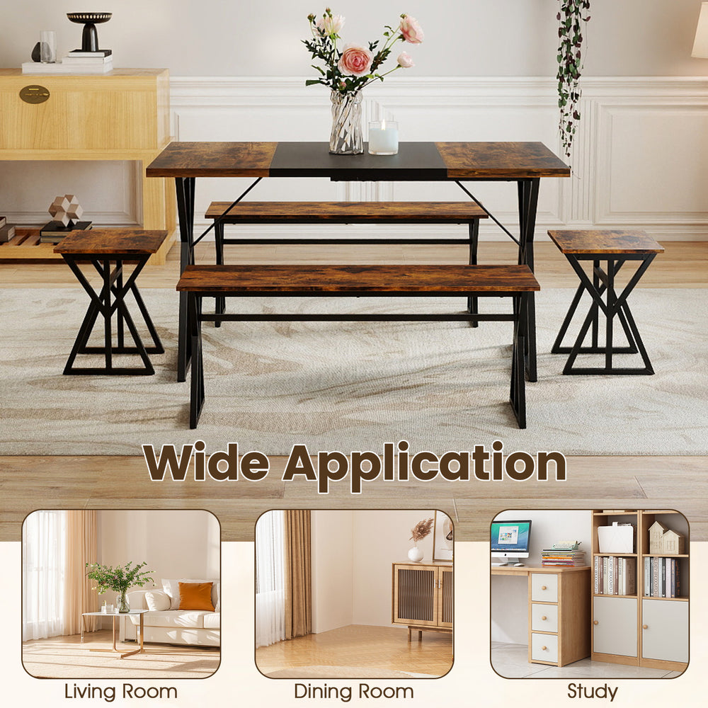 5-piece dining room set featuring a rustic brown rectangular table, 2 benches, and 2 stools for versatile use.