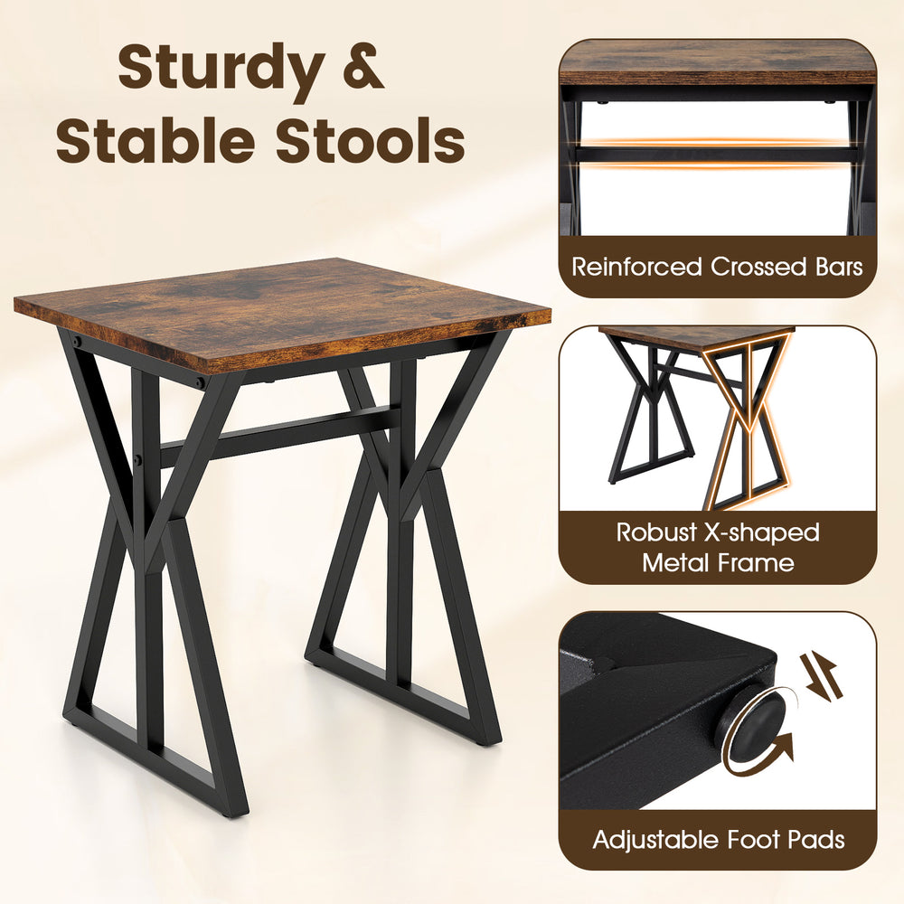 Industrial dining room set featuring a rustic brown table with X-shaped metal frames and adjustable foot pads for.