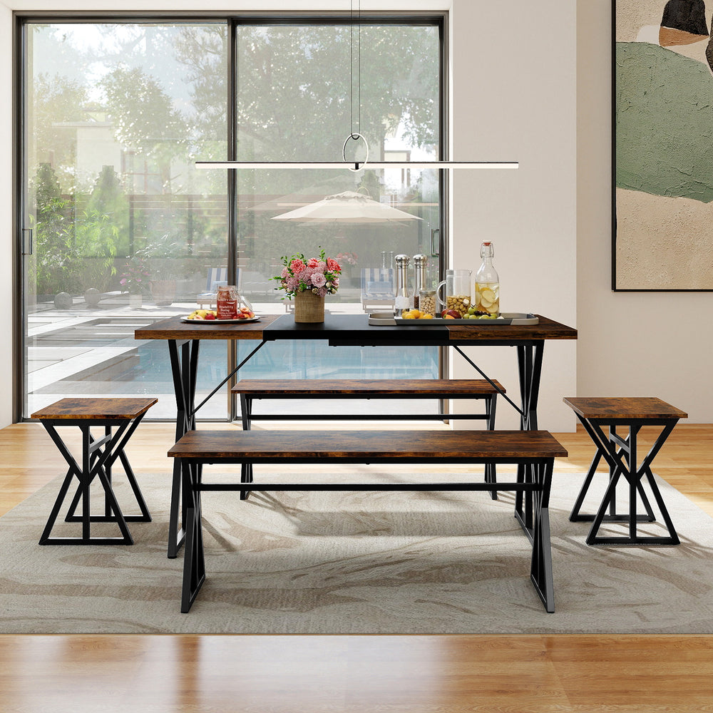 5-piece industrial dining room set featuring a rustic brown rectangular table, 2 benches, and 2 stools for gatherings.