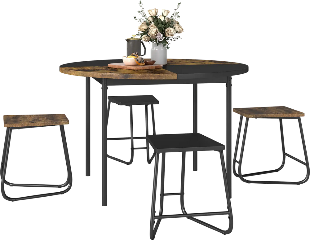 Round 47-inch kitchen table with 4 stools in brown and black, perfect for small spaces and stylish dining.