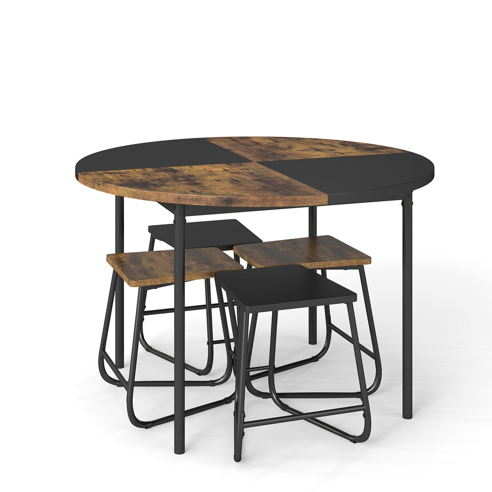 Round 47-inch dining table with 4 contrasting stools, featuring sturdy metal frames for small spaces and easy storage.