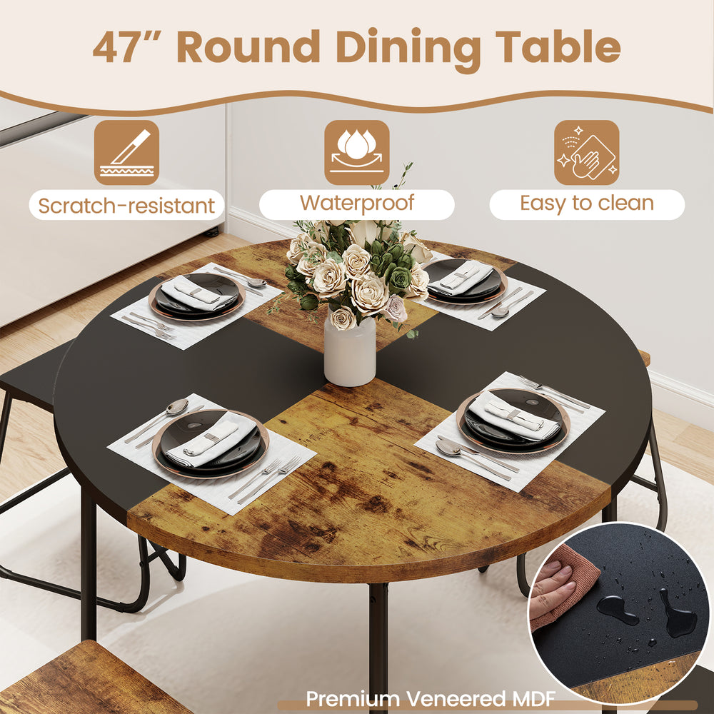 Round 47-inch dining table with contrasting segments, premium veneered MDF, waterproof, ideal for small spaces.