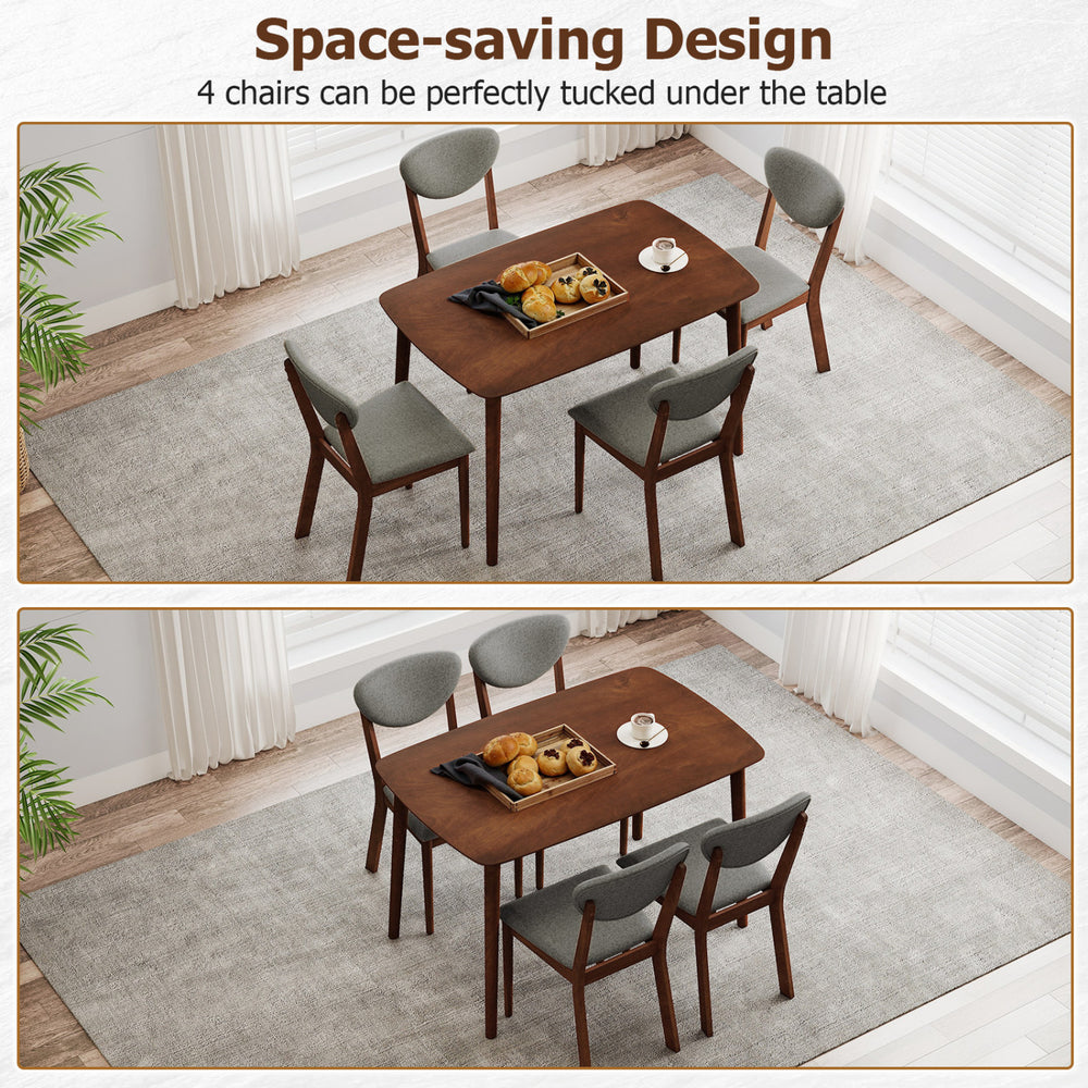 5-piece dining set featuring a rectangular table and gray fabric chairs, designed for space-saving in living rooms.