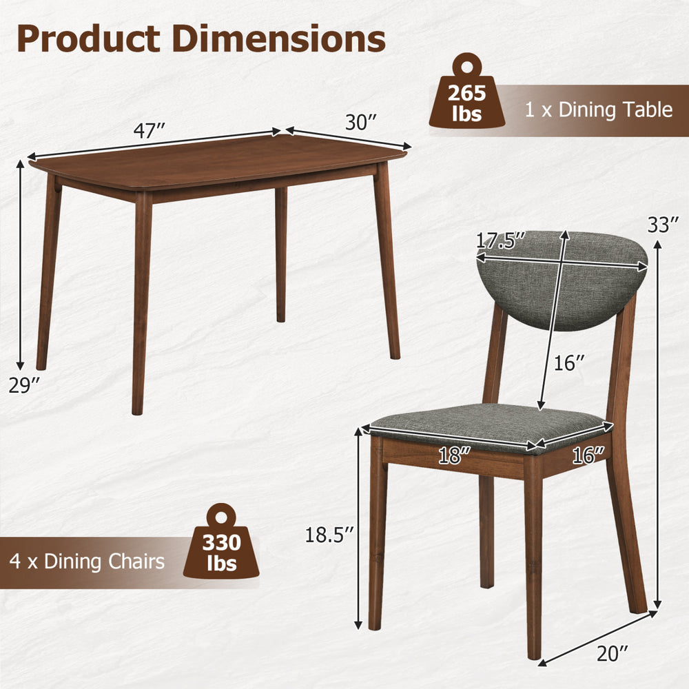 5-piece dining set featuring a rectangular table and four fabric chairs in gray, perfect for living rooms and dining areas.