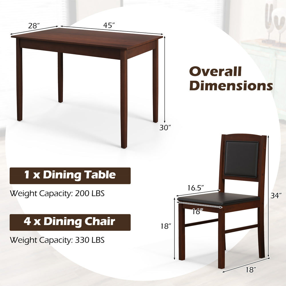 Dining set featuring a brown veneered MDF table and four rubber wood chairs with padded seats for small dining rooms.