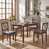 Solid rubber wood dining chair with gray fabric upholstery and supportive backrest, ideal for small space dining.